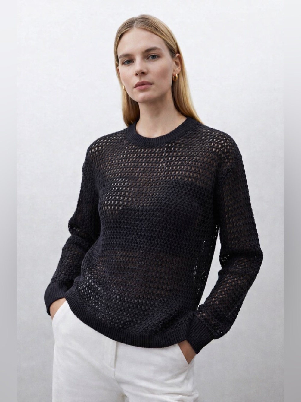 Theory LS Mesh Knit Sweater Black Open Weave Pullover Top Size S NWT